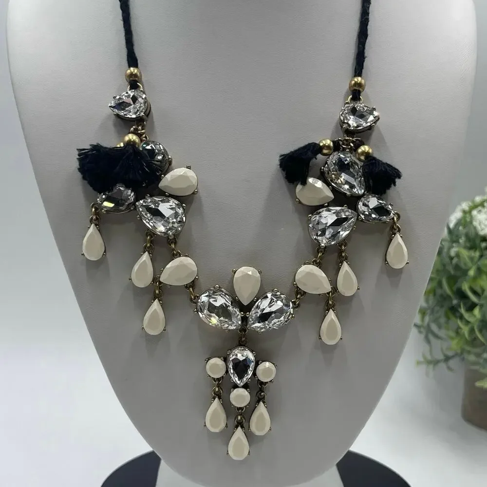 J. Crew Crystal Clear Milky White Gems Black Fringe‎ Adjustable Tie Necklace